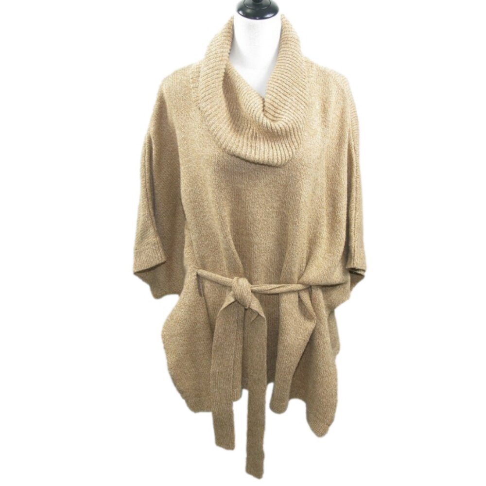 H&M Tan Cowl Neck Short Sleeve Tie Waist Sweater Size Medium